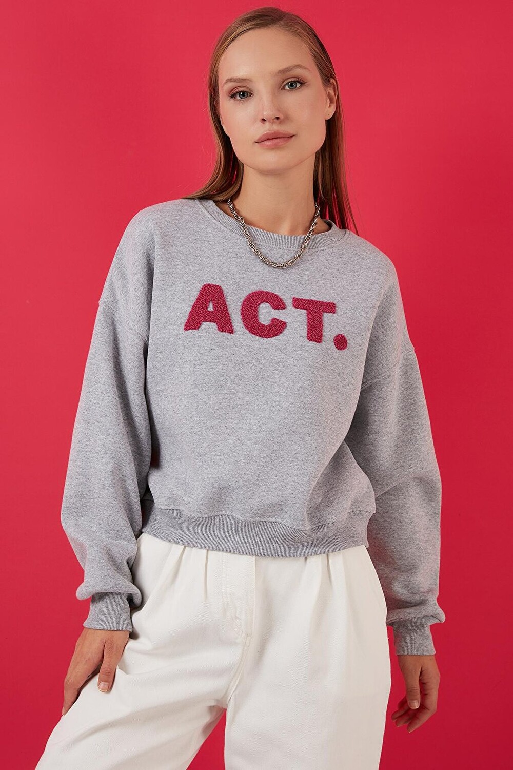

Хлопковый свитшот Oversize с круглым вырезом, мягкий нечеткий рельеф 5864879 Lela, серый