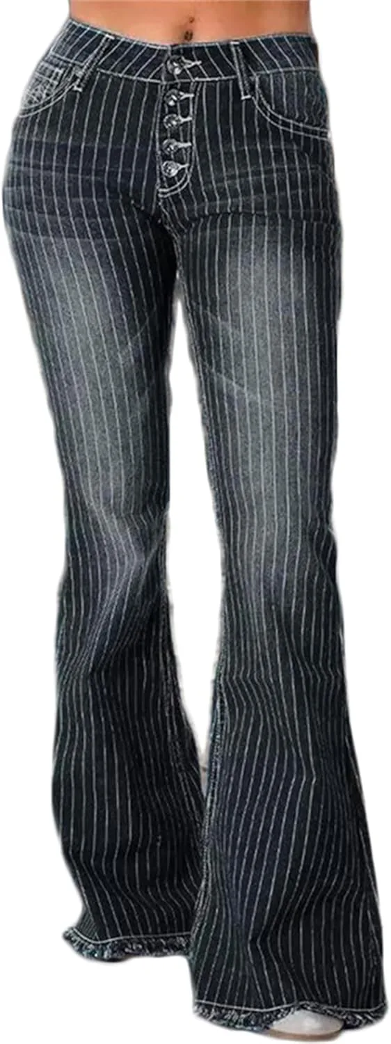 

Andongnywell женские джинсы-клеш high waist полосатые bell jeans классические wide legs деним штаны ретро high rise flare pants