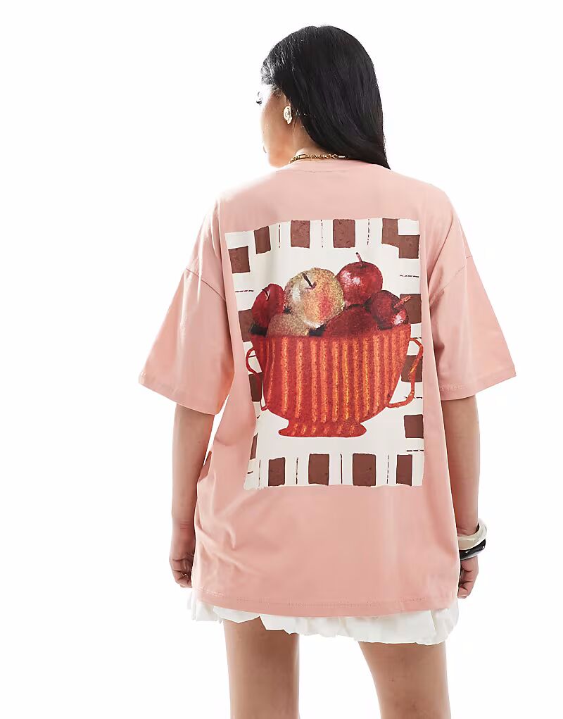 

Футболка ASOS DESIGN свободного кроя в пыльно-розовом цвете с принтом в виде фруктовой чаши