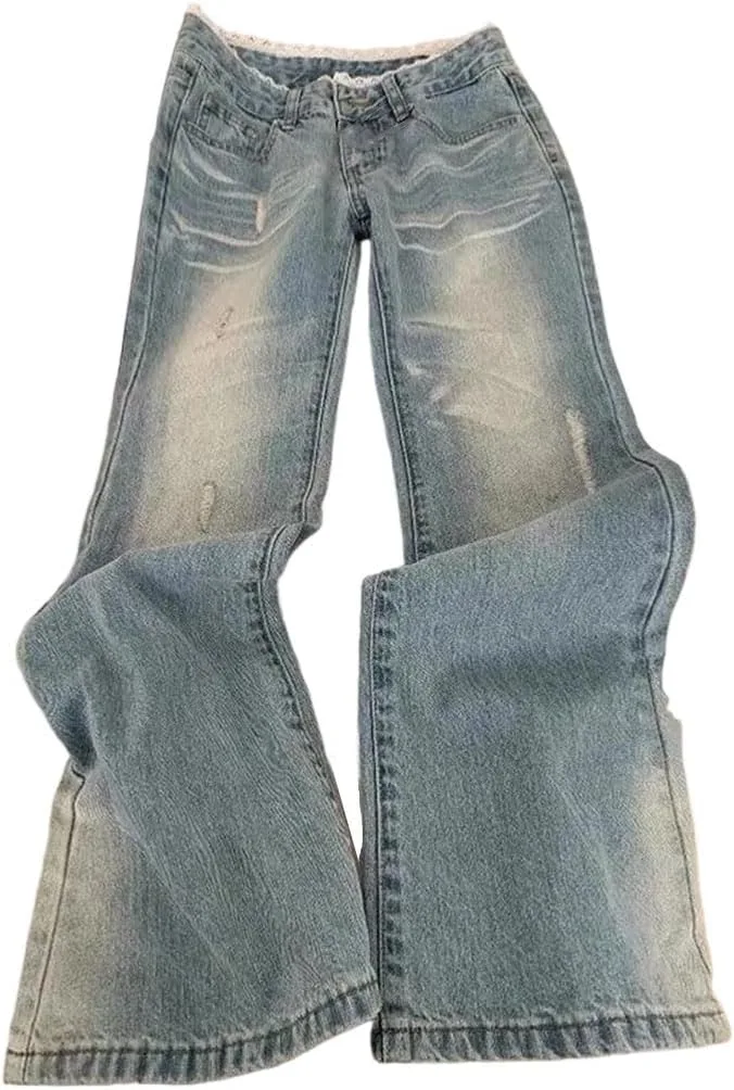 Женские джинсы Vintage Blue Denim с низкой посадкой и прямыми штанинами