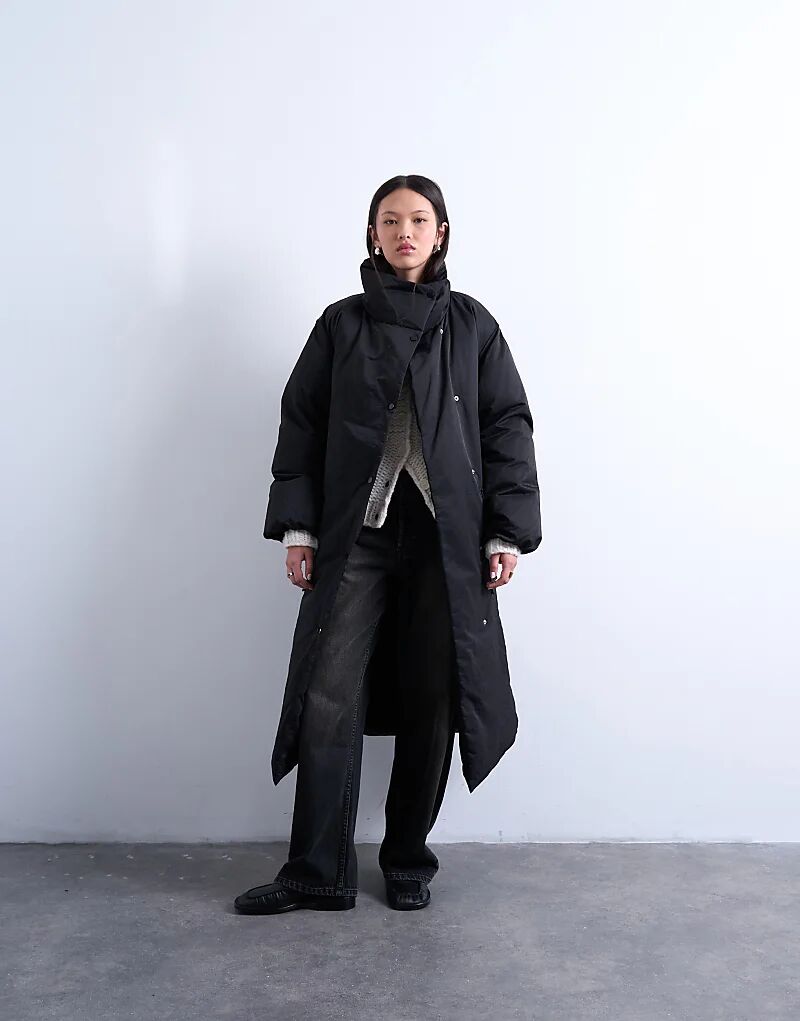 

Удлиненная куртка-пуховик Topshop с воротником-стойкой и поясом, черного цвета