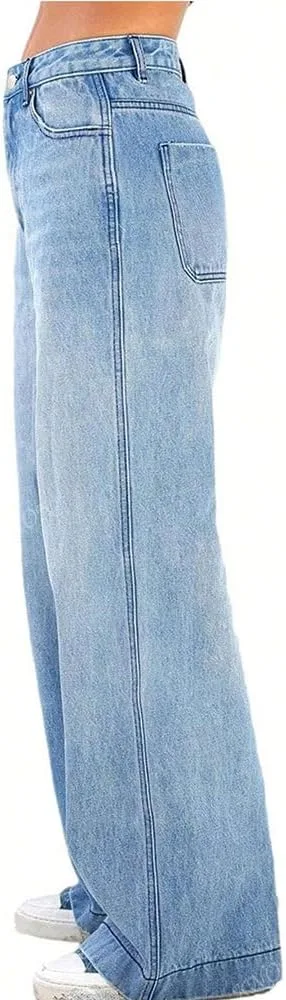 Женские джинсы 2025 Wide Leg Baggy Mid High Waisted Casual Trendy Straight Stretch Loose Denim Pants Vintage Y2K — фото 2