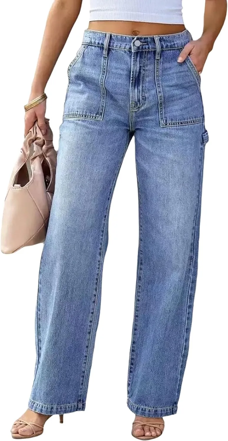 

Женские джинсы Mid Rise Straight Leg Casual Stretchy Loose Denim с клапанами на карманах QLAUYIOE