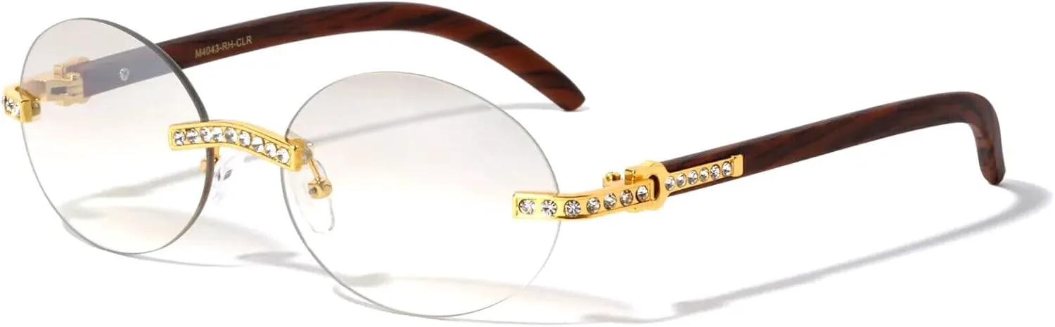 

Солнцезащитные очки Dweebzilla Slim Rimless Round Oval Buffs с металлическими вставками и стразами, имитирующими дерево, Gold & Cherry Wood Frame - Grey Smoke Lenses