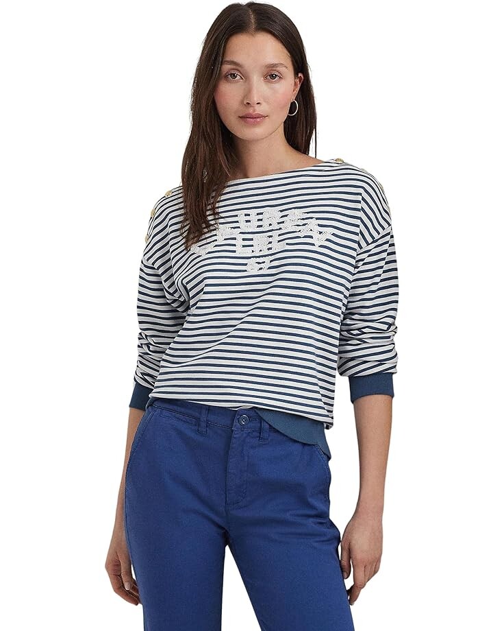 

Топ Lauren Ralph Lauren Logo Striped French Terry Top, цвет White/Indigo Dusk