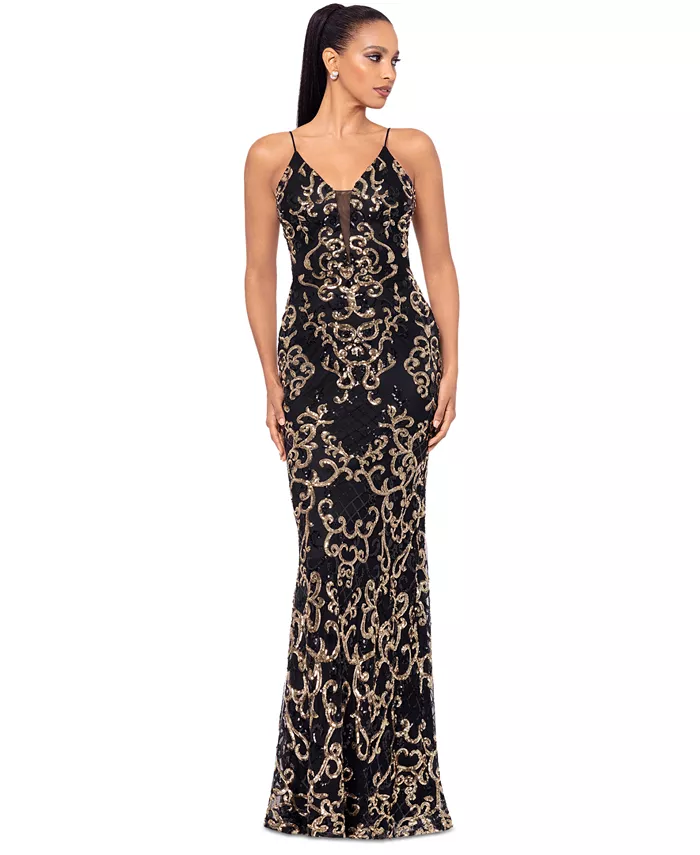 

Вечернее платье без рукавов с пайетками Betsy & Adam Women's Sequin Embellished Sleeveless Gown B&A By Betsy and Adam, черный