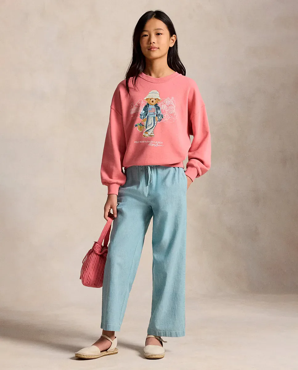 Девочковый свитшот с круглым вырезом и медведем Полом Polo Ralph Lauren, коралловый — фото 2