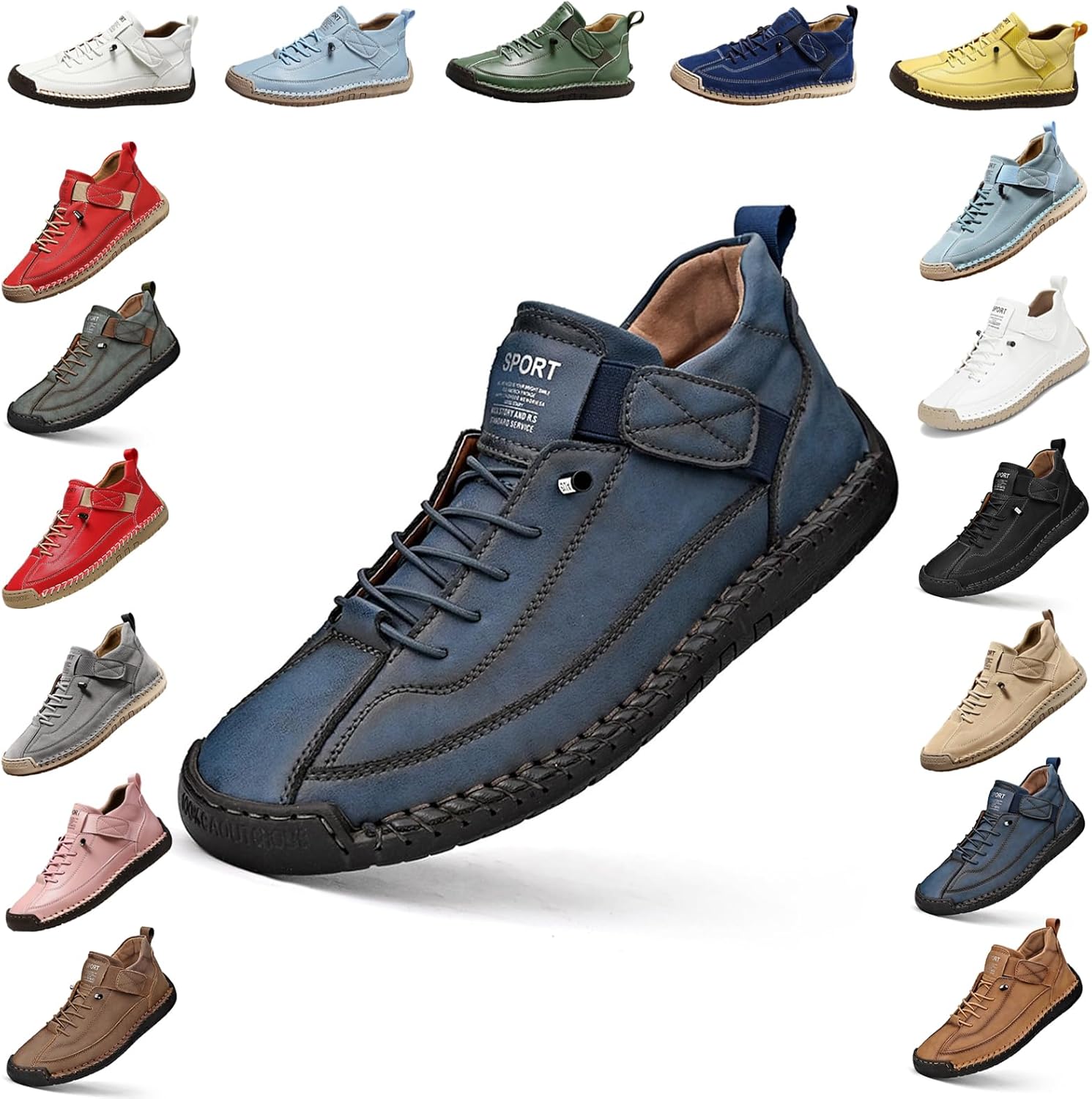 

YTINGNICE Унисекс ортопедические ботинки на щиколотку, ручная работа, кожа с липучкой, поддержка свода стопы, обувь для ходьбы без шнурков, синий