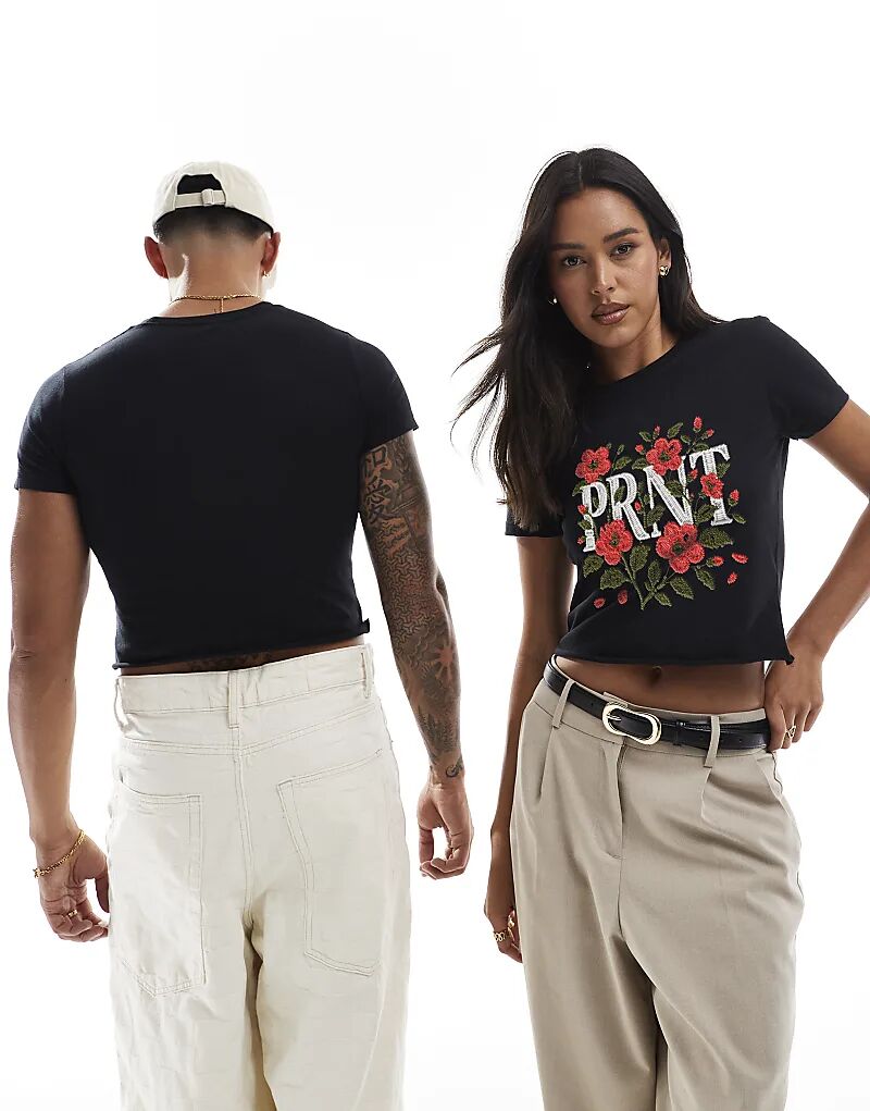 

Укороченная футболка с цветочным принтом PRNT черного цвета