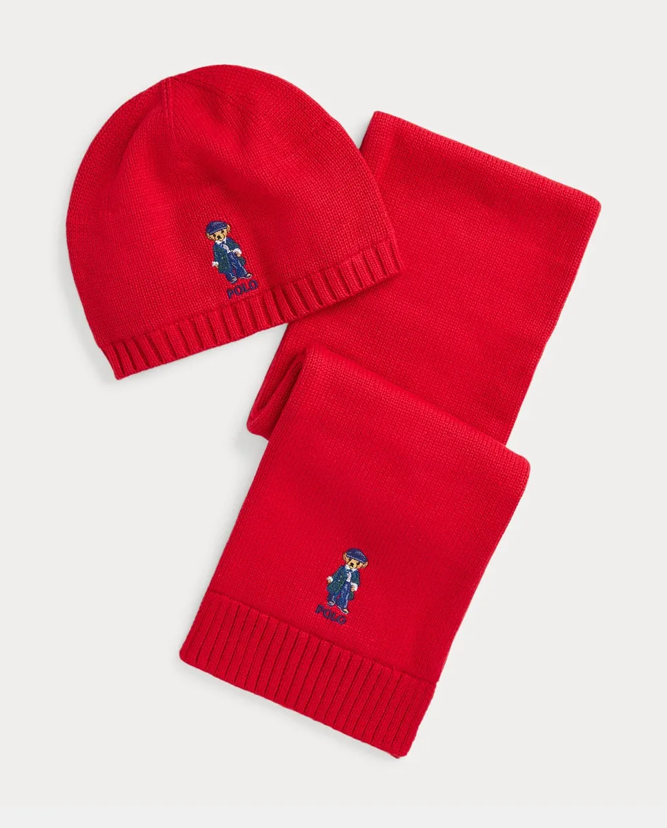 

Комплект из красного хлопкового шарфа и шапки для девочки Polo Ralph Lauren, цвет Granate