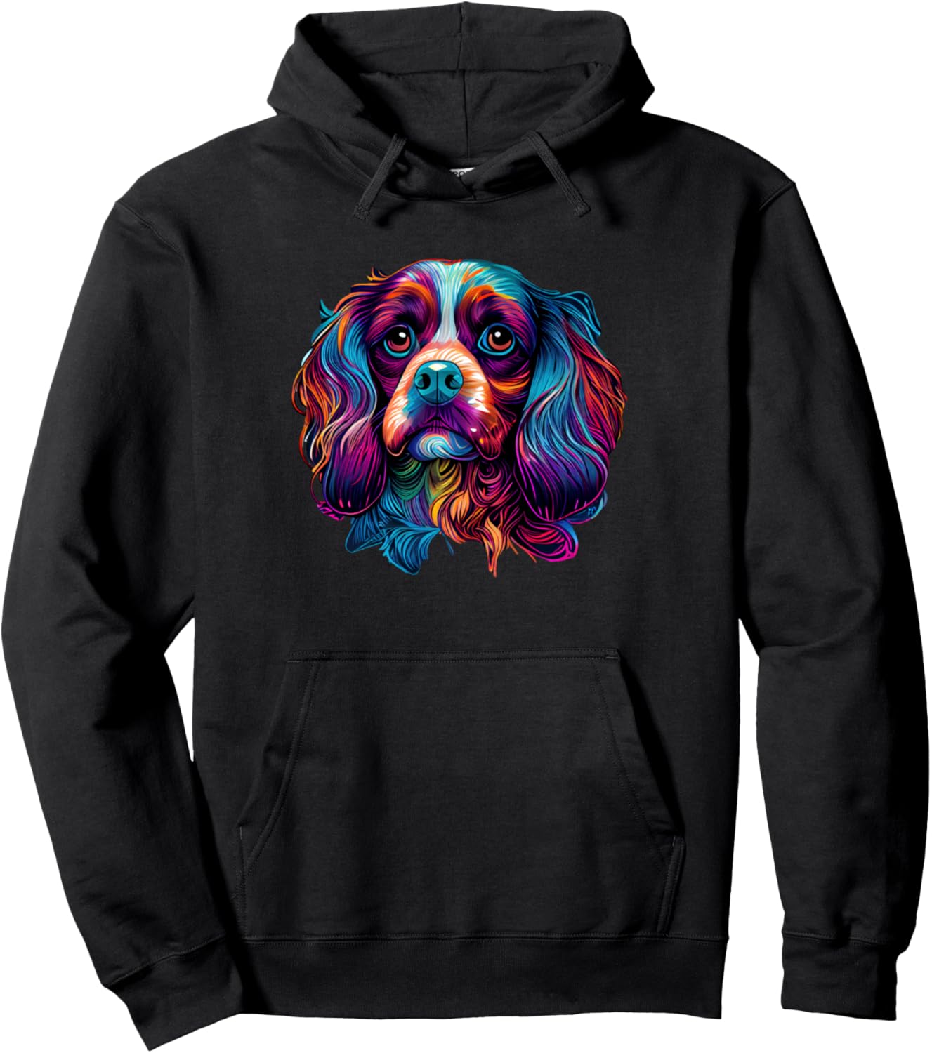 

Яркий рисунок собаки спаниеля в красочных тонах. Толстовка с капюшоном Vibrant Colorful Animal Portrait Lovers, черный