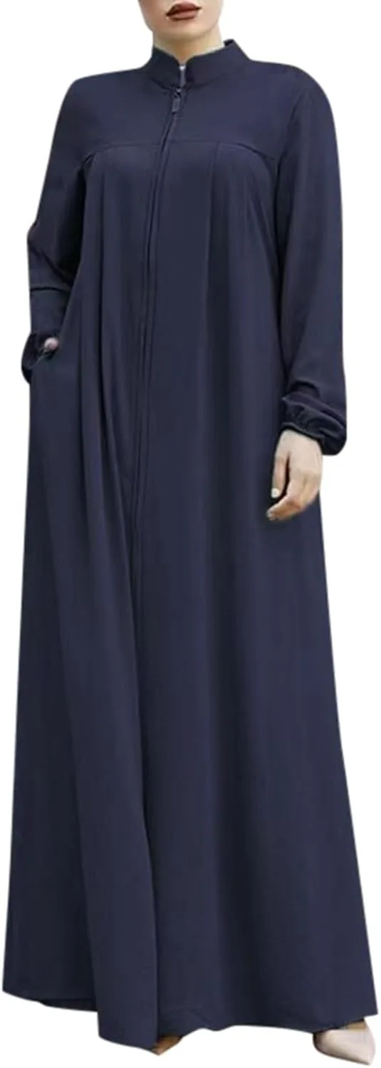 Абая для женщин Muslim Stand Collar с карманами, молнией и длинными рукавами, свободное макси-платье Dubai Robe Generic, темно-синий