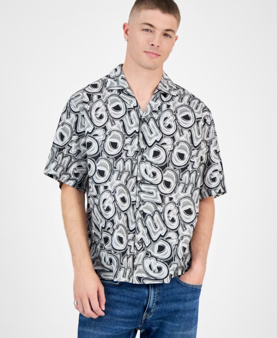 

Мужская рубашка Eligino с коротким рукавом, логотипом и пуговицами спереди, в стиле кэмп Hugo Boss, Navy