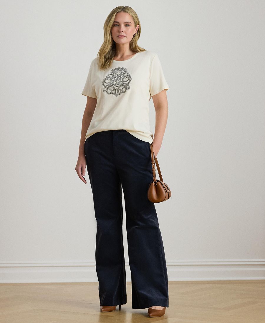 

Футболка из хлопкового трикотажа большого размера с бисерным гербом Lauren Ralph Lauren, Mascarpone Cream