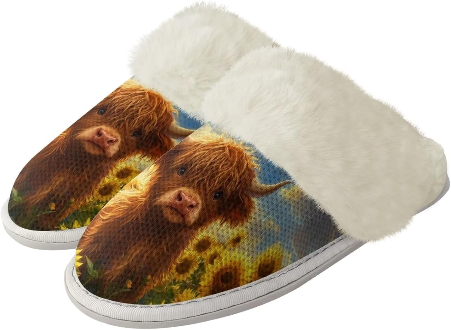 

Домашние тапочки для мужчин и женщин, зимние теплые тапочки на плоской подошве, мягкие плюшевые, закрытый носок, домашняя обувь с резиновой подошвой против скольжения для спа и ванной Watdotory, Sunflower Highland Cow