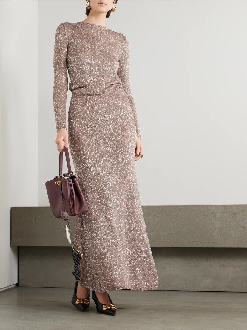 Вязаная макси-юбка с пайетками BALENCIAGA, бежевый — фото 2