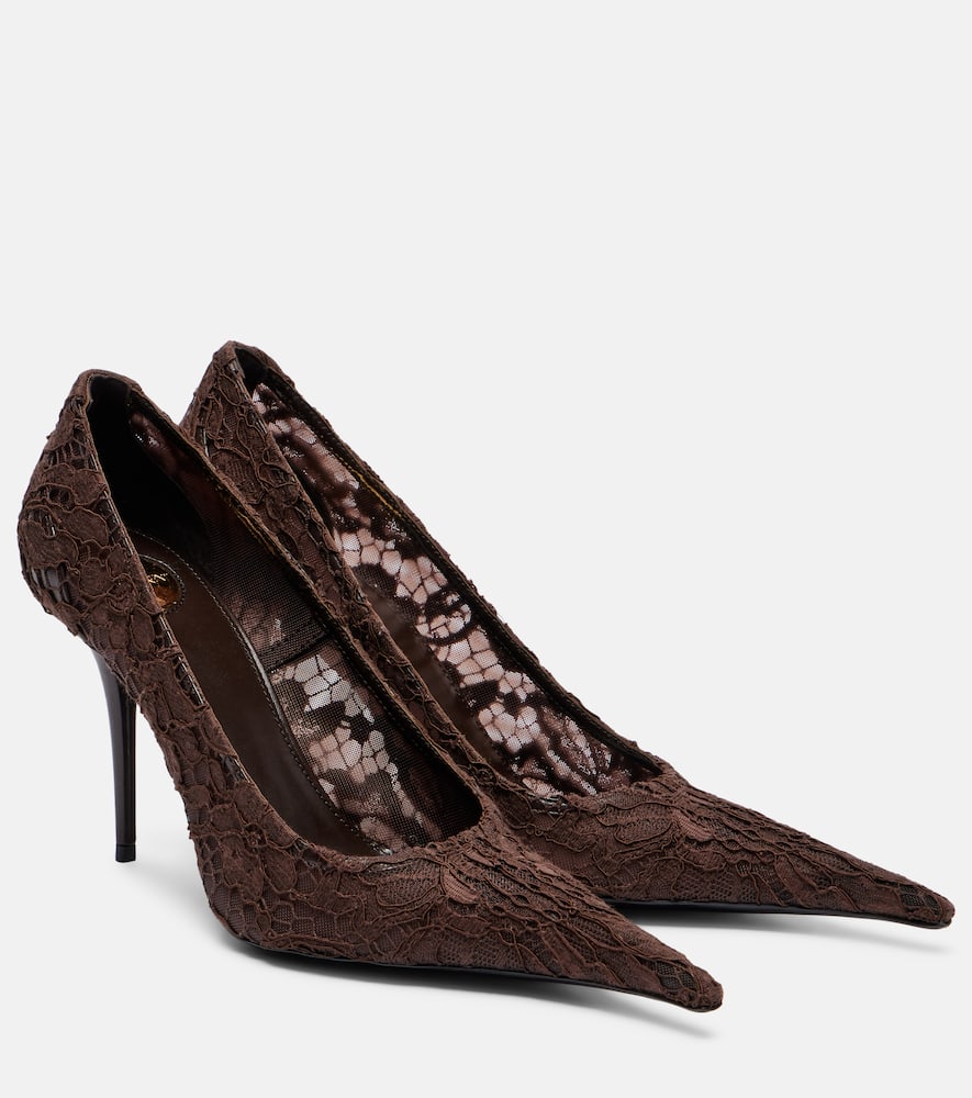 Туфли-лодочки Thierry 95 из тюлевого кружева Saint Laurent, Lace Brown