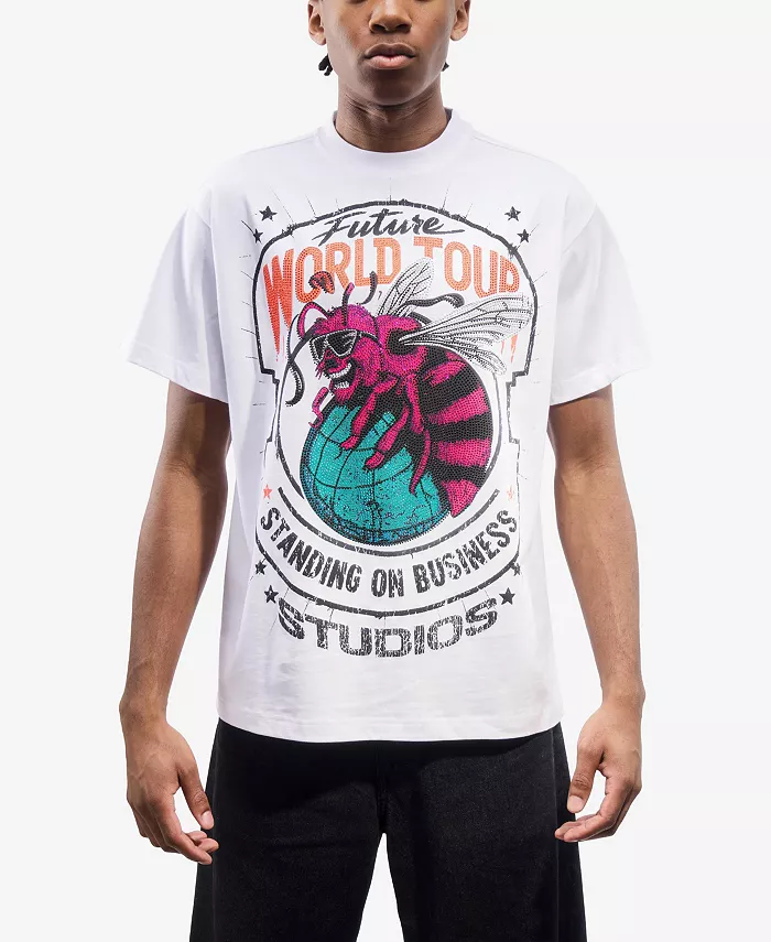 

Мужская футболка оверсайз с графическим принтом и стразами Heads Or Tails, белый