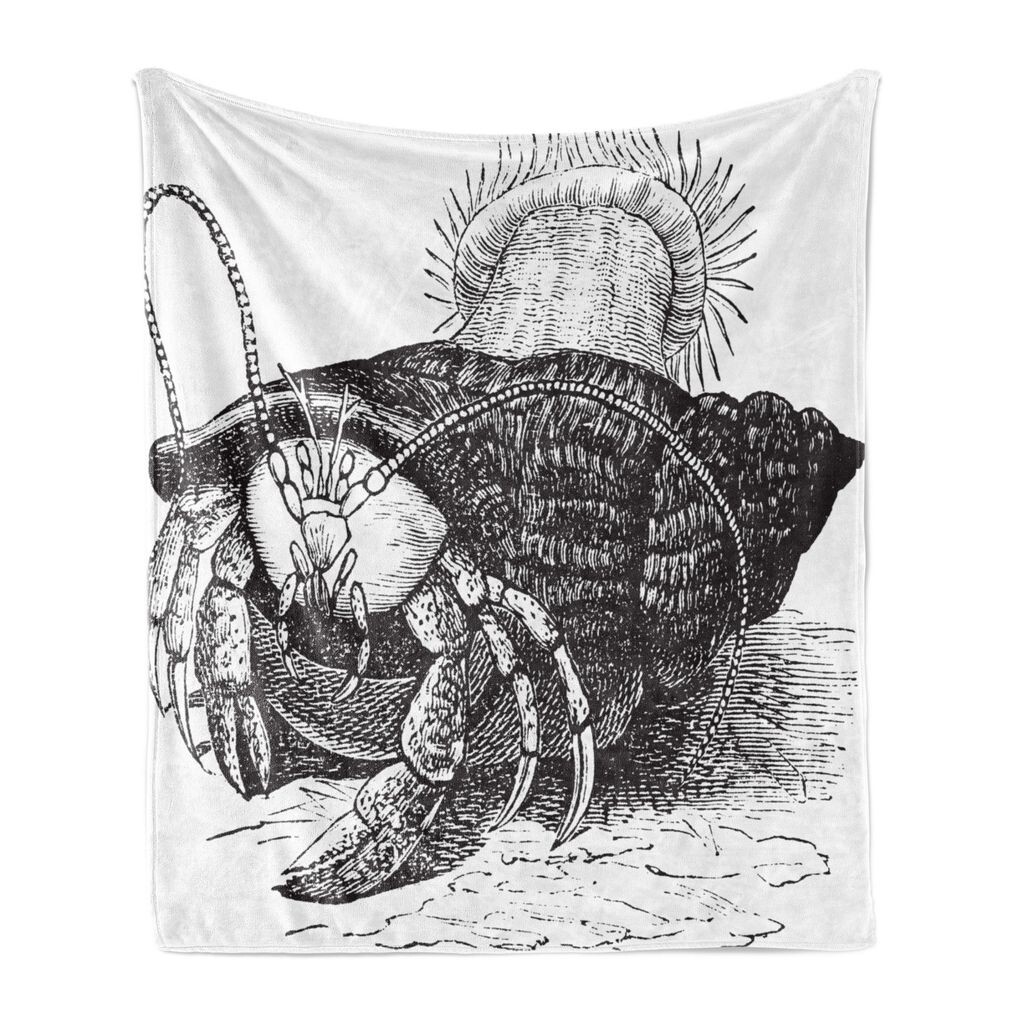 

ABAKUHAUS Hermit Crab Мягкое фланелевое флисовое одеяло, монохромный карандашный рисунок с изображением краба, вытаскивающего морские анемоны, 175 x 230 см, угольно-серый белый