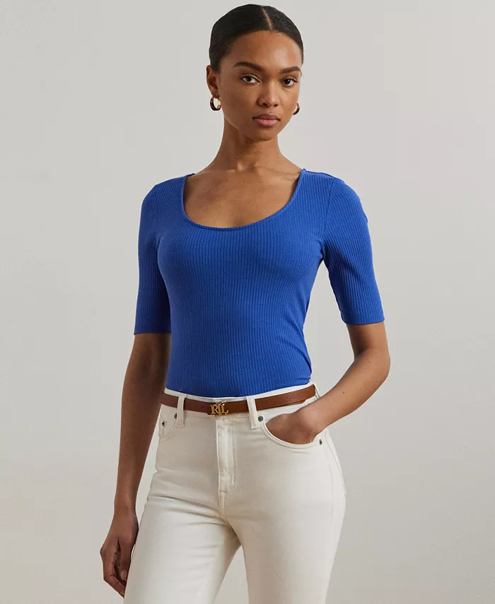 

Женская футболка с рукавом 3/4 из ребристой хлопковой ткани Lauren Ralph Lauren, синий