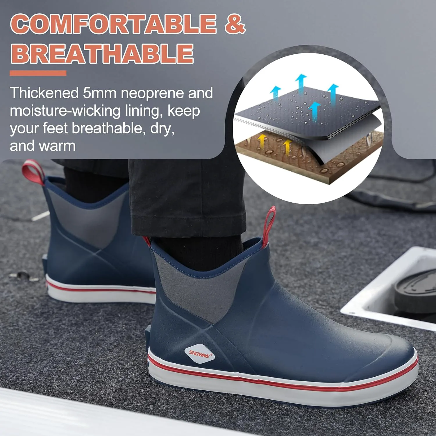 

Мужские ботинки Showave Deck водонепроницаемые резиновые ботинки до щиколотки, противоскользящие для лодок, для парусного спорта, рыбалки и активного отдыха на природе, темно-синий