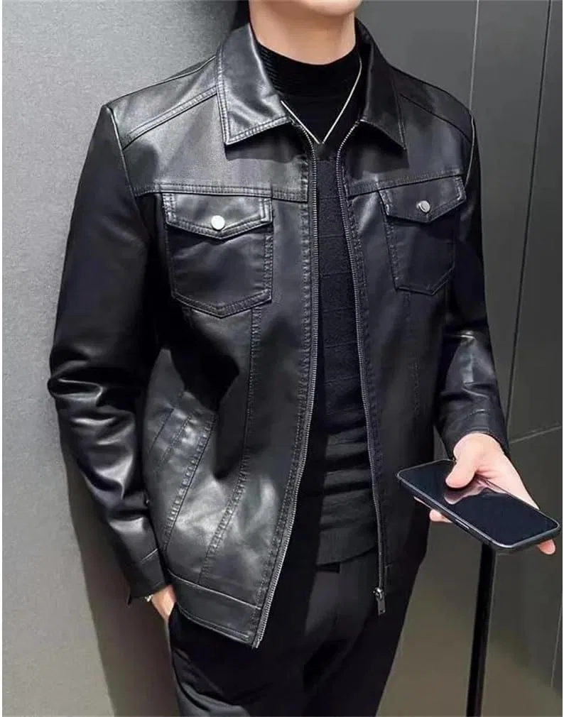 Мужская куртка из искусственной кожи, приталенная, повседневная, для весны и зимы. Кожаная мотоциклетная куртка для мужчин — фото 4