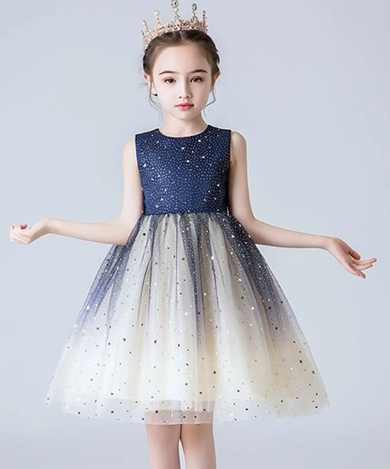 Детское платье без рукавов с блестками из сатина и тюля, бренд Ballet Dress, 1 шт., темно-синий с белым — фото 4