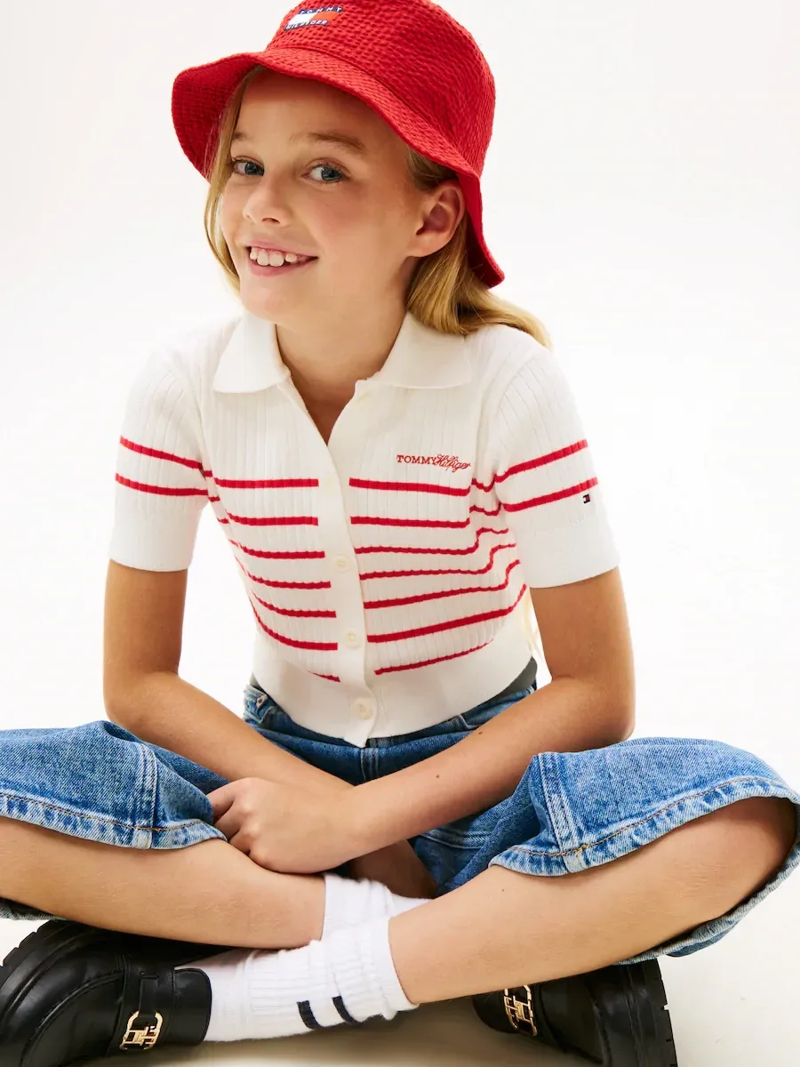 Вязаная рубашка-поло для девочки с рельефной резинкой Tommy Hilfiger, розовый — фото 3
