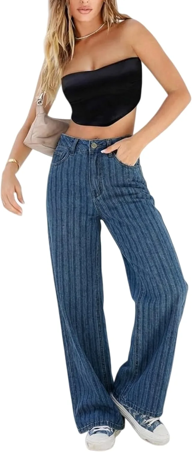 

Женские широкие джинсы high waist в полоску y2k KKSONG