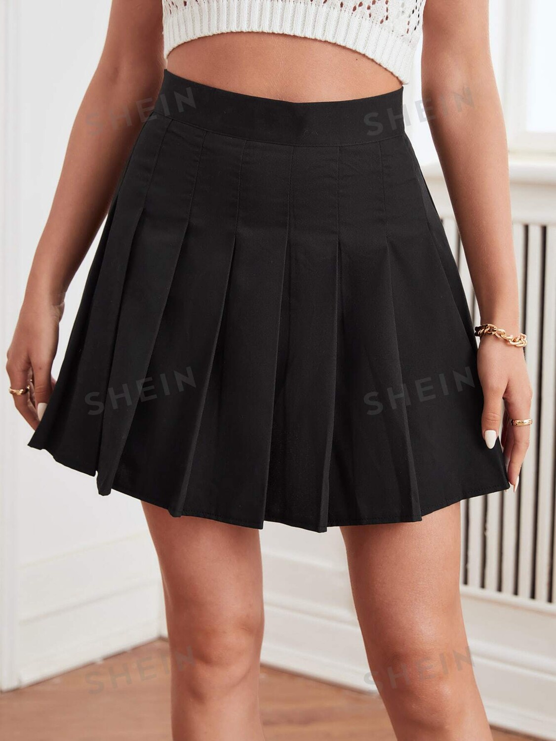 

EZwear Плиссированная юбка на молнии сзади Shein, черный