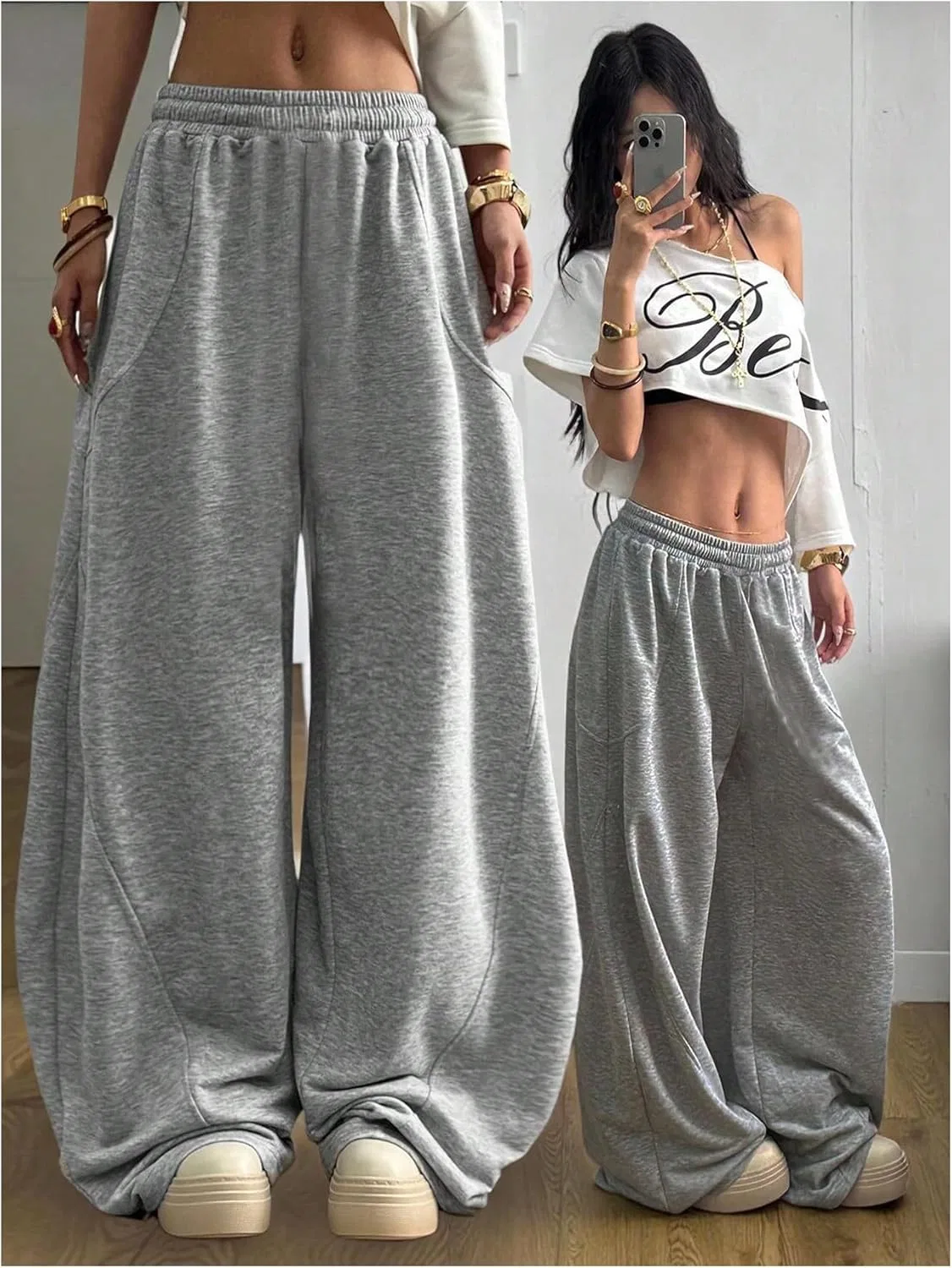 Спортивные штаны SweatyRocks для девочек в стиле Y2K с широкими штанинами, эластичным поясом, свободным кроем и рисунком фонарей, серый — фото 2