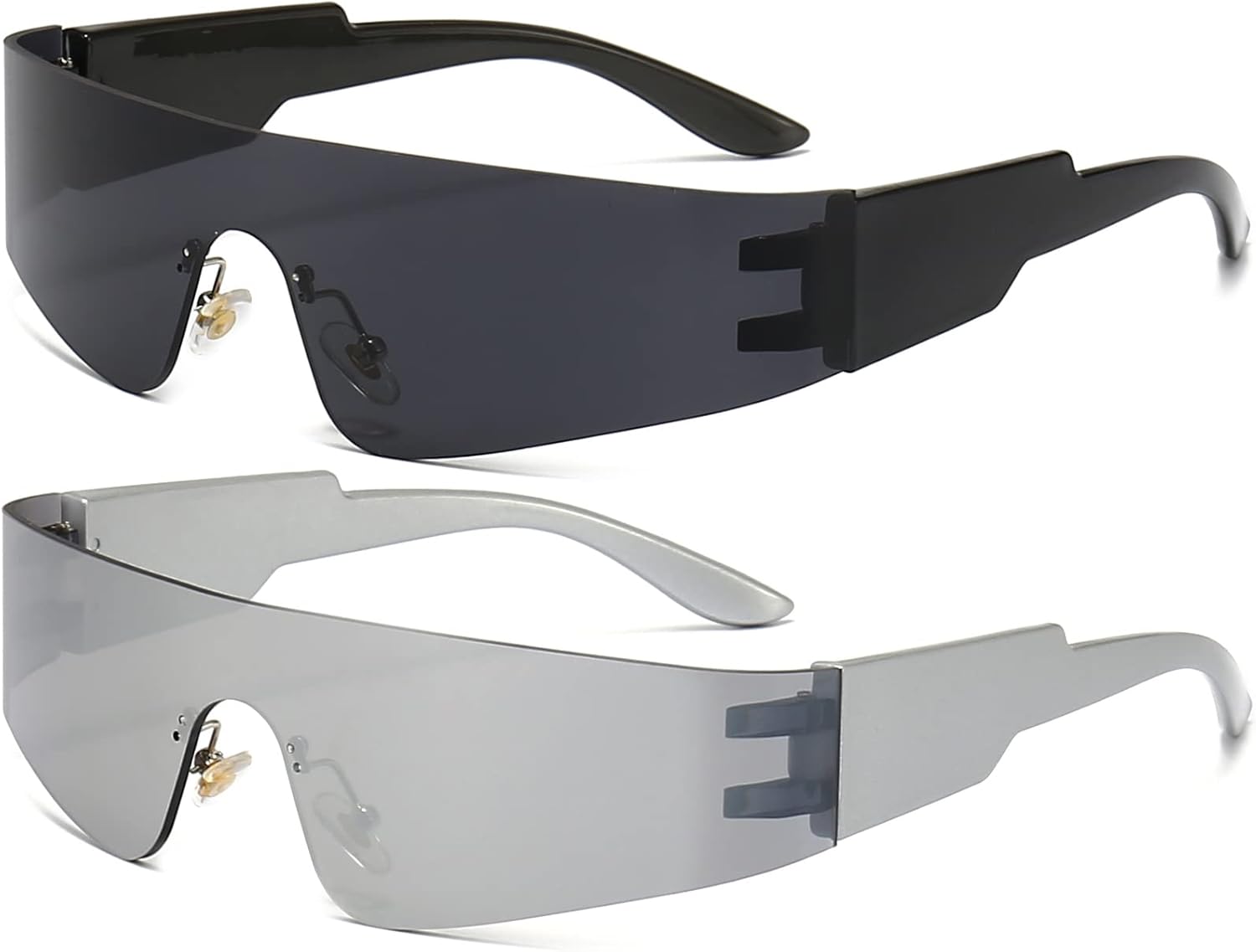 

AIEYEZO Современные модные безободковые футуристические солнцезащитные очки с обтекаемой формой для женщин и мужчин в стиле киберпанк. Модные солнцезащитные очки будущего, 2 Pack (Black/Grey + Silver/Silver Mirrored)