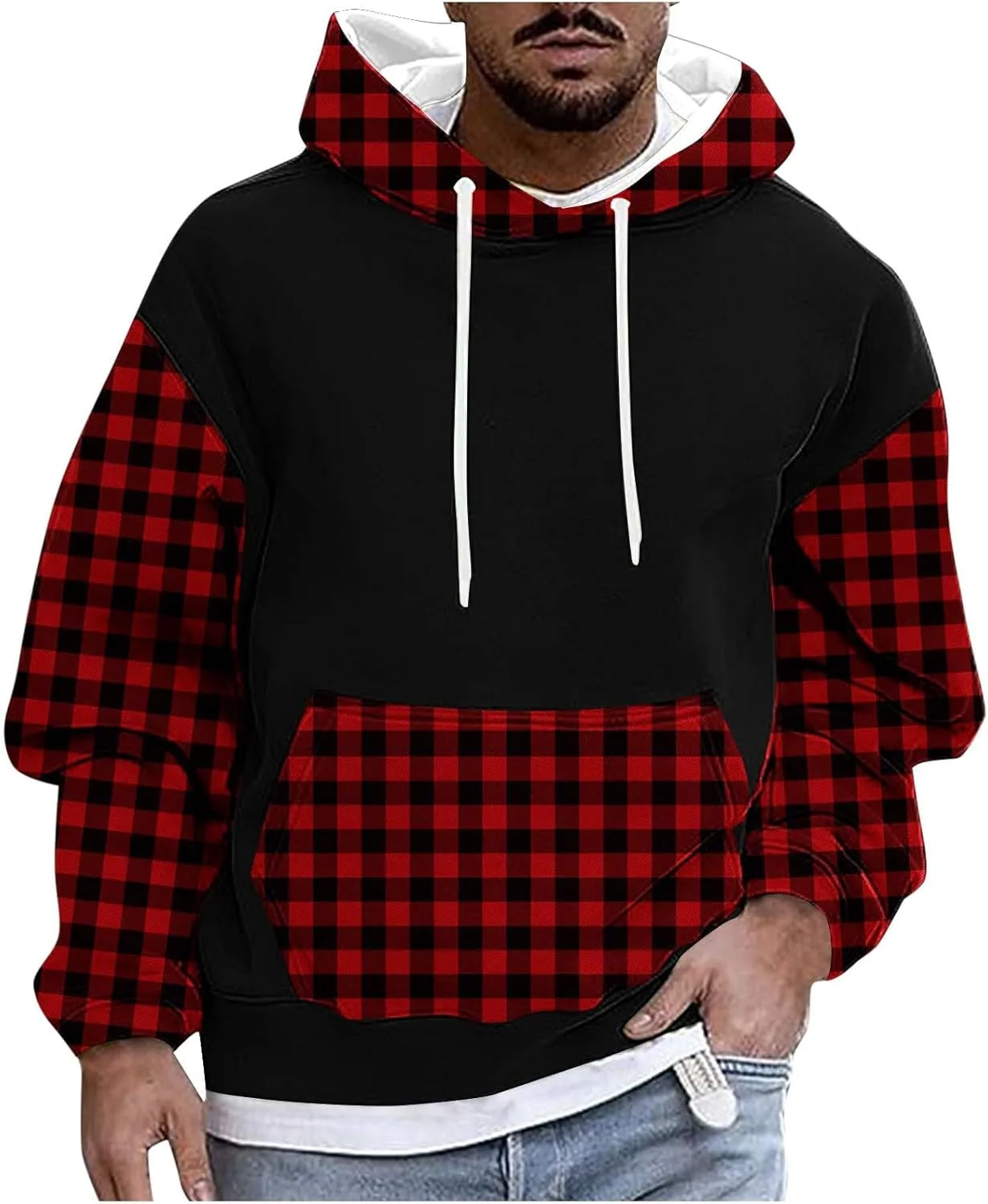 

Мужской спортивный худи с длинным рукавом в клетку и пэчворк