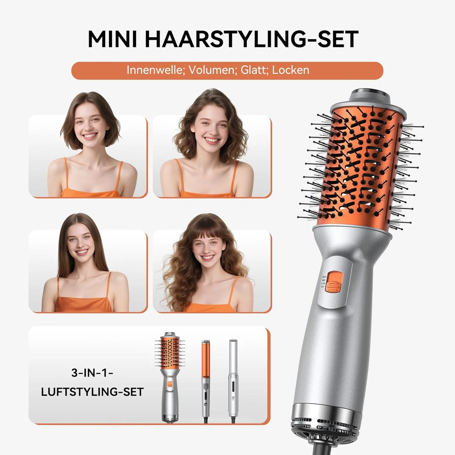 Набор для укладки волос 3 в 1: фен-щетка, плойка и мини-выпрямитель Stylefi, Orange-3 — фото 2