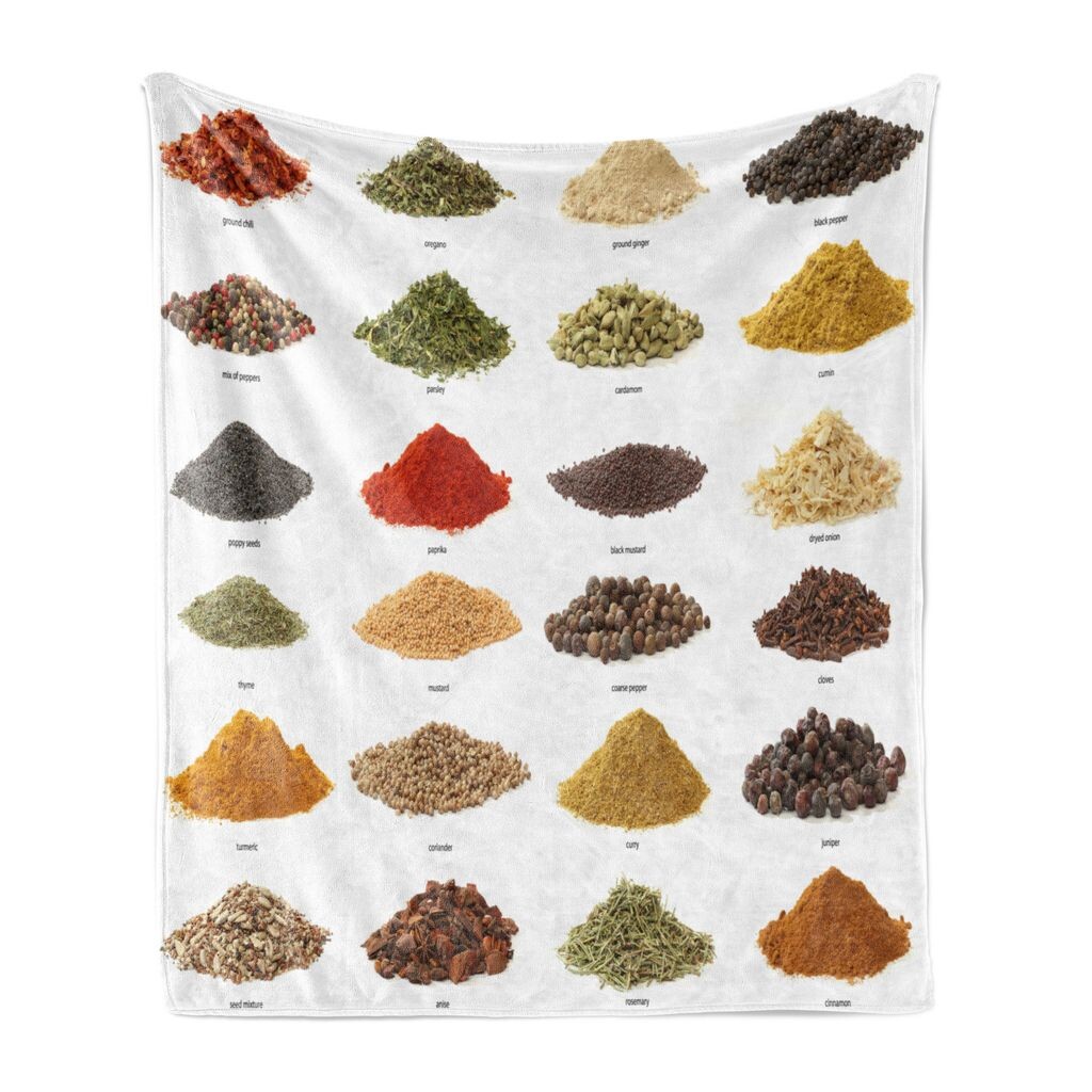 

ABAKUHAUS Spice Мягкое фланелевое флисовое одеяло, щепотка ингредиентов, расположенных симметрично, с названиями, написанными ниже, 175 x 230 см, разноцветные