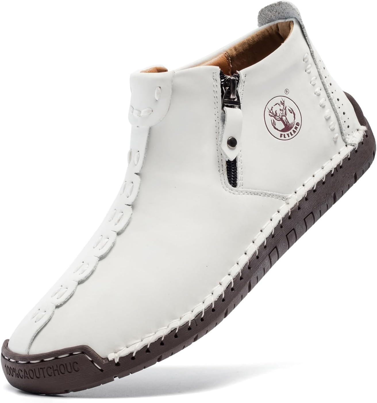 

Мужские повседневные кожаные кроссовки FLYLAND ручной работы, модные ботинки-чикка, легкие средние ботинки, обувь для прогулок, вождения, белый