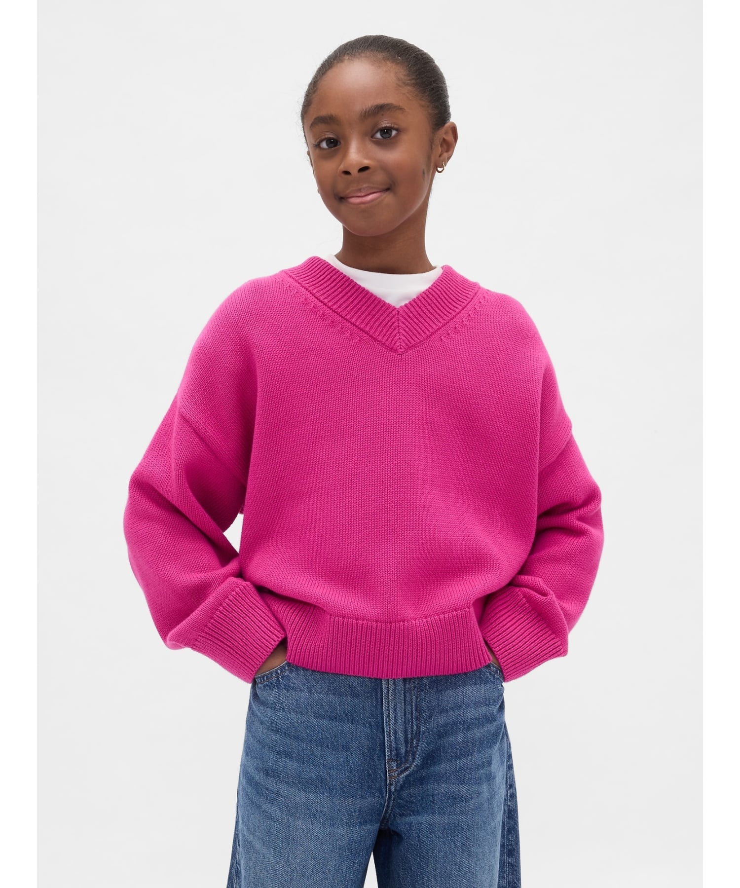 (K) Свитер свободного кроя с V-образным вырезом (детский) GAP, BRIGHT_FUCHSIA
