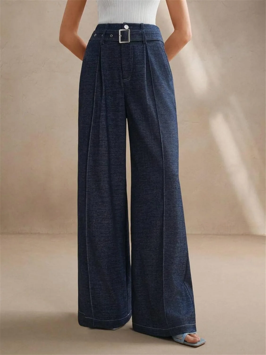 Брюки-джинсы Baggy для женщин, High-Waisted Wide Leg с поясом и карманами — фото 4