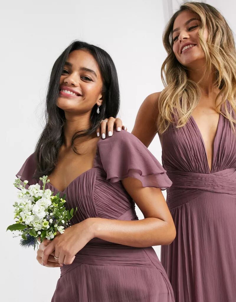 

Платье макси со сборками и короткими рукавами ASOS Bridesmaid, Коричневый, Платье макси со сборками и короткими рукавами ASOS Bridesmaid