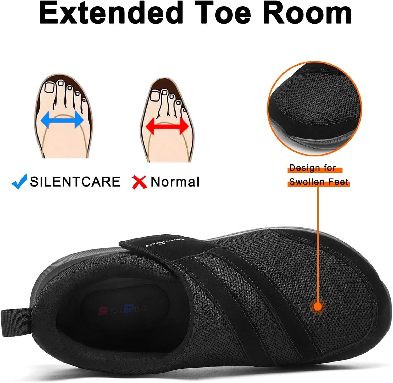 Обувь для диабетиков SILENTCARE для мужчин, обувь без шнурков с увеличенной шириной для отечных ног, регулируемые походные ботинки для пожилых людей, обезболивание, нейропатия, Black — фото 3