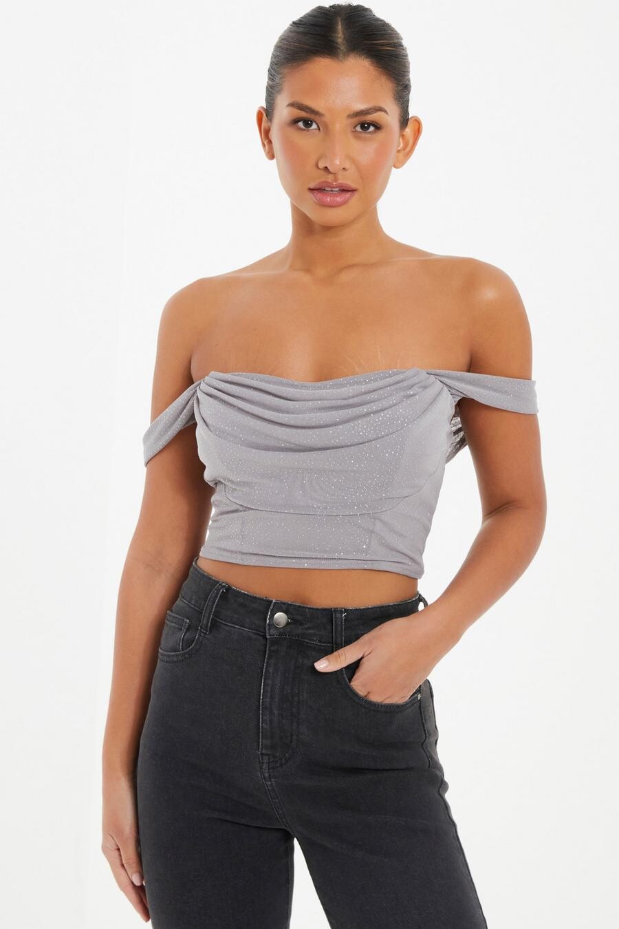 

Серый блестящий топ-бюстье Bardot Crop Top QUIZ Clothing