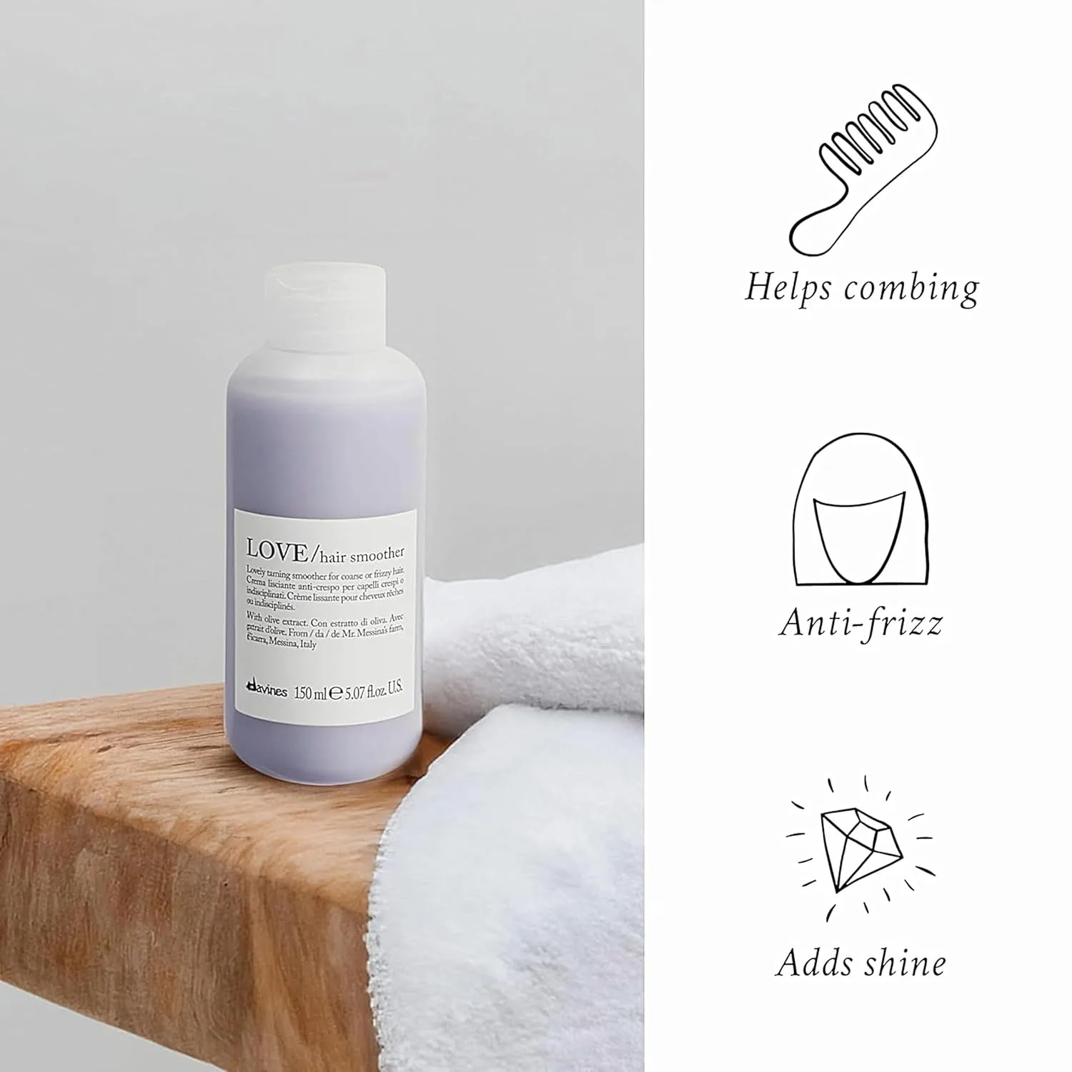 Davines LOVE крем для выпрямления волос, несмываемый уход против пушистости для волнистых, непослушных и жестких волос - увлажняет и разглаживает без липкости и утяжеления с оливковым экстрактом, 150 мл — фото 3