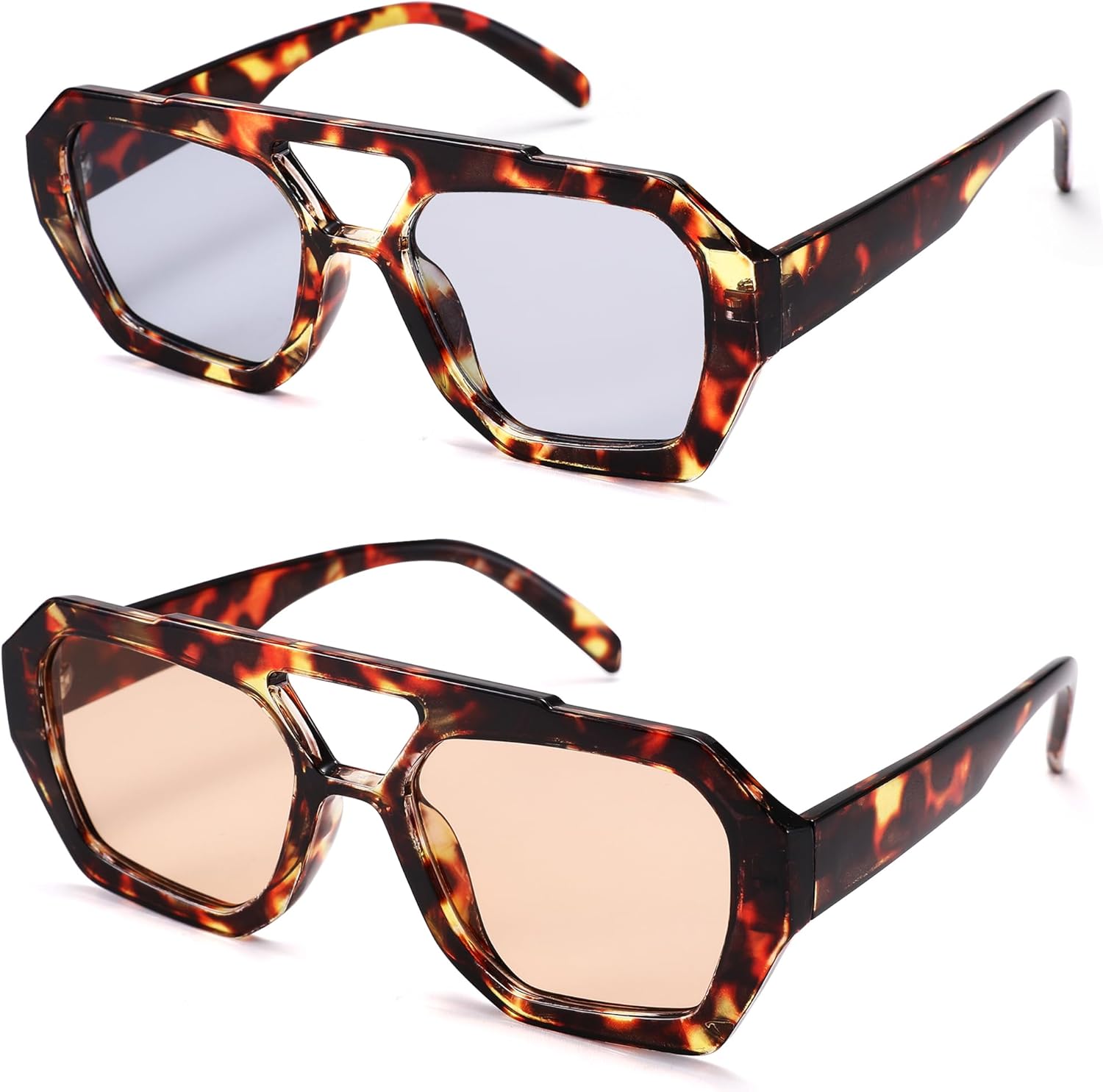 

Солнцезащитные очки Hycredi Retro Aviator для женщин и мужчин, модные очки с шестиугольной толстой оправой и квадратной двойной перемычкой, C5* Leopard/Light Brown + Leopard/Light Gray