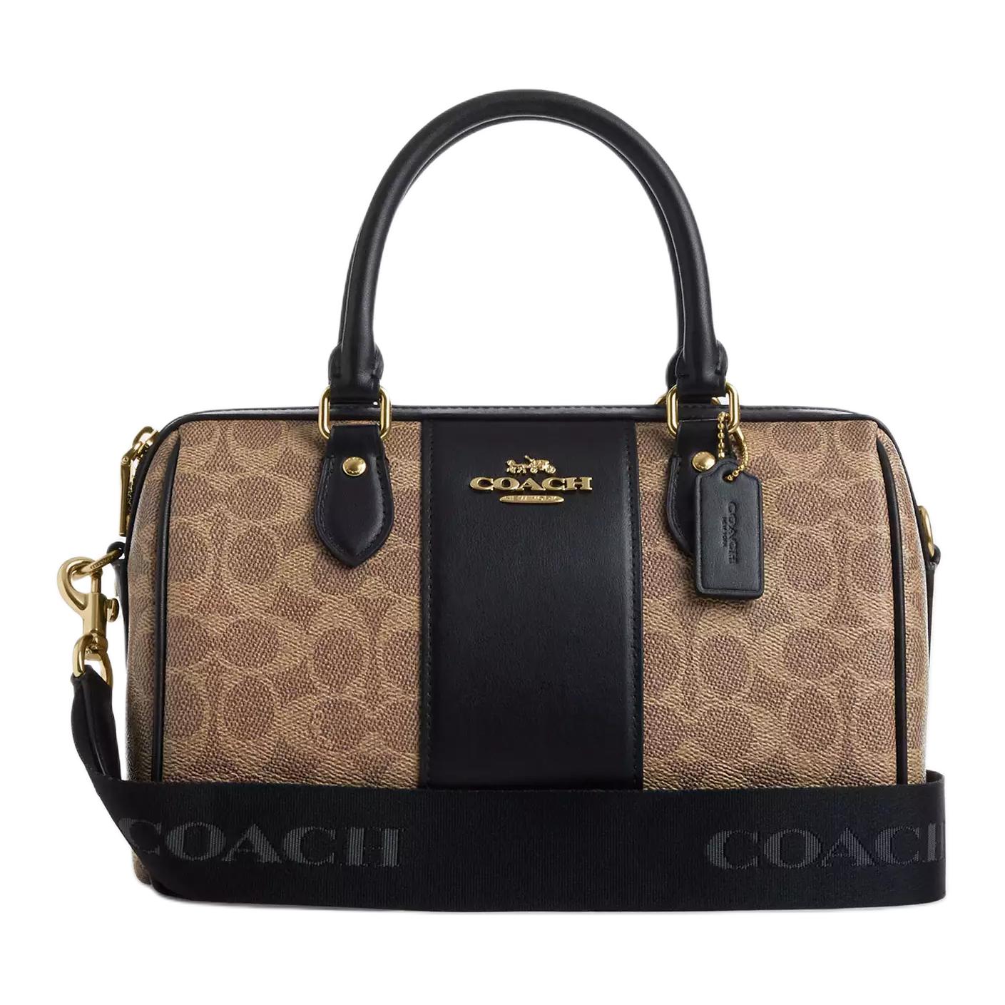 

Rowan Coated Canvas Плечевая Сумка Через Плечо Среднего Размера Женская Бежево-Черная COACH