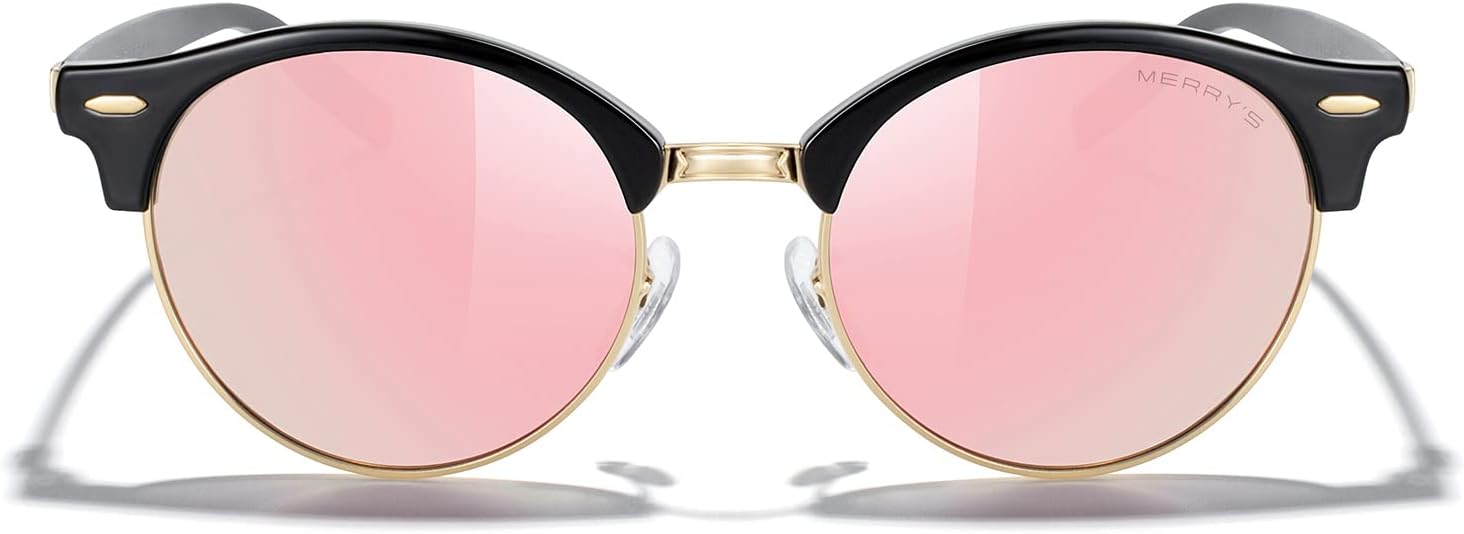 

Круглые поляризованные солнцезащитные очки MERRY для женщин и мужчин, классический ретро-стиль, полуободковая оправа, алюминиевые дужки MERRY'S, Black Frame/Gold Bridge/Pink Mirror Lens