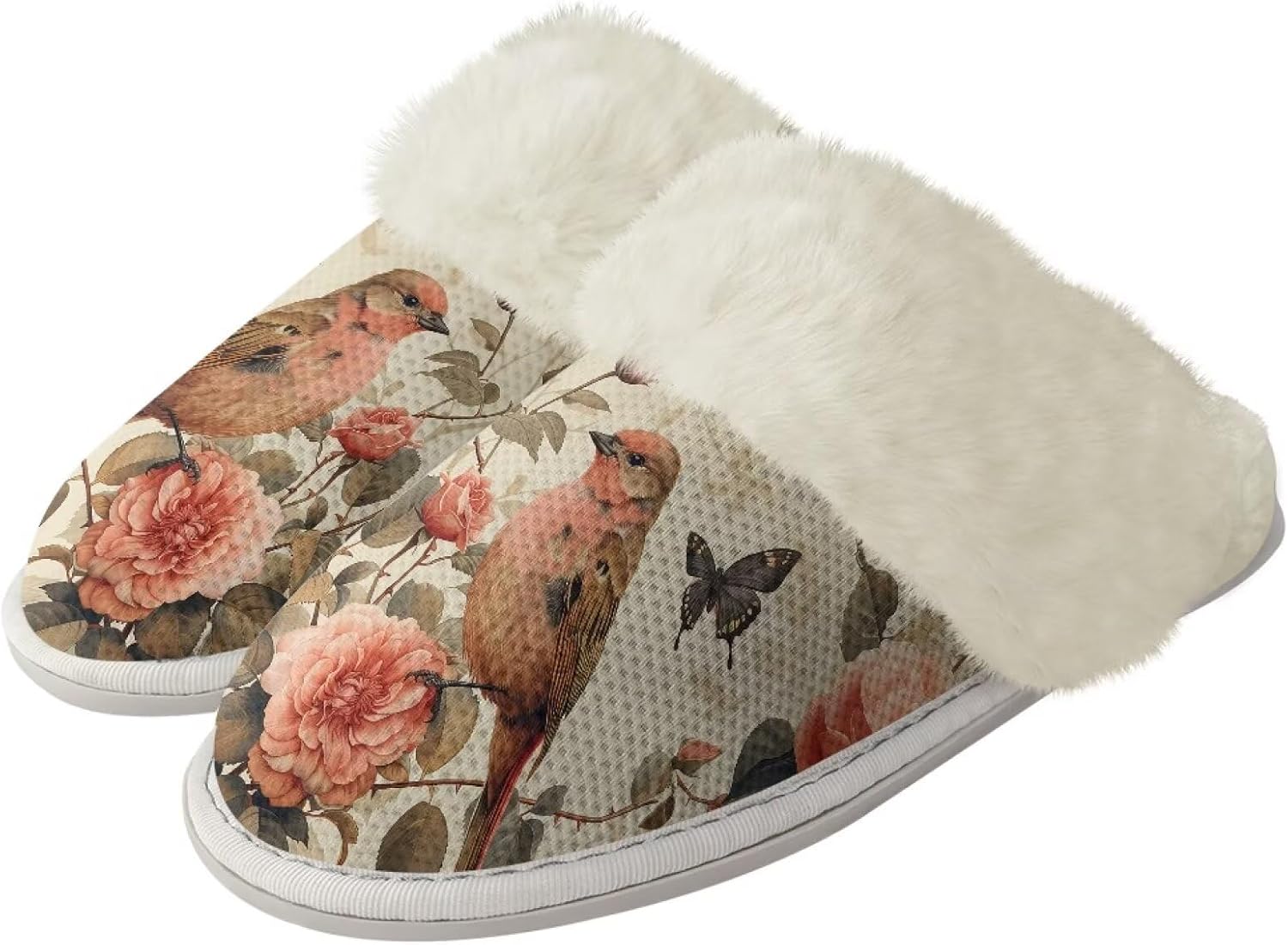 

Мягкие домашние тапочки для мужчин и женщин, зимние теплые хлопковые домашние тапочки, бесшумные, моющиеся, с нескользящей резиновой подошвой Watdotory, Bird Flower Butterfly