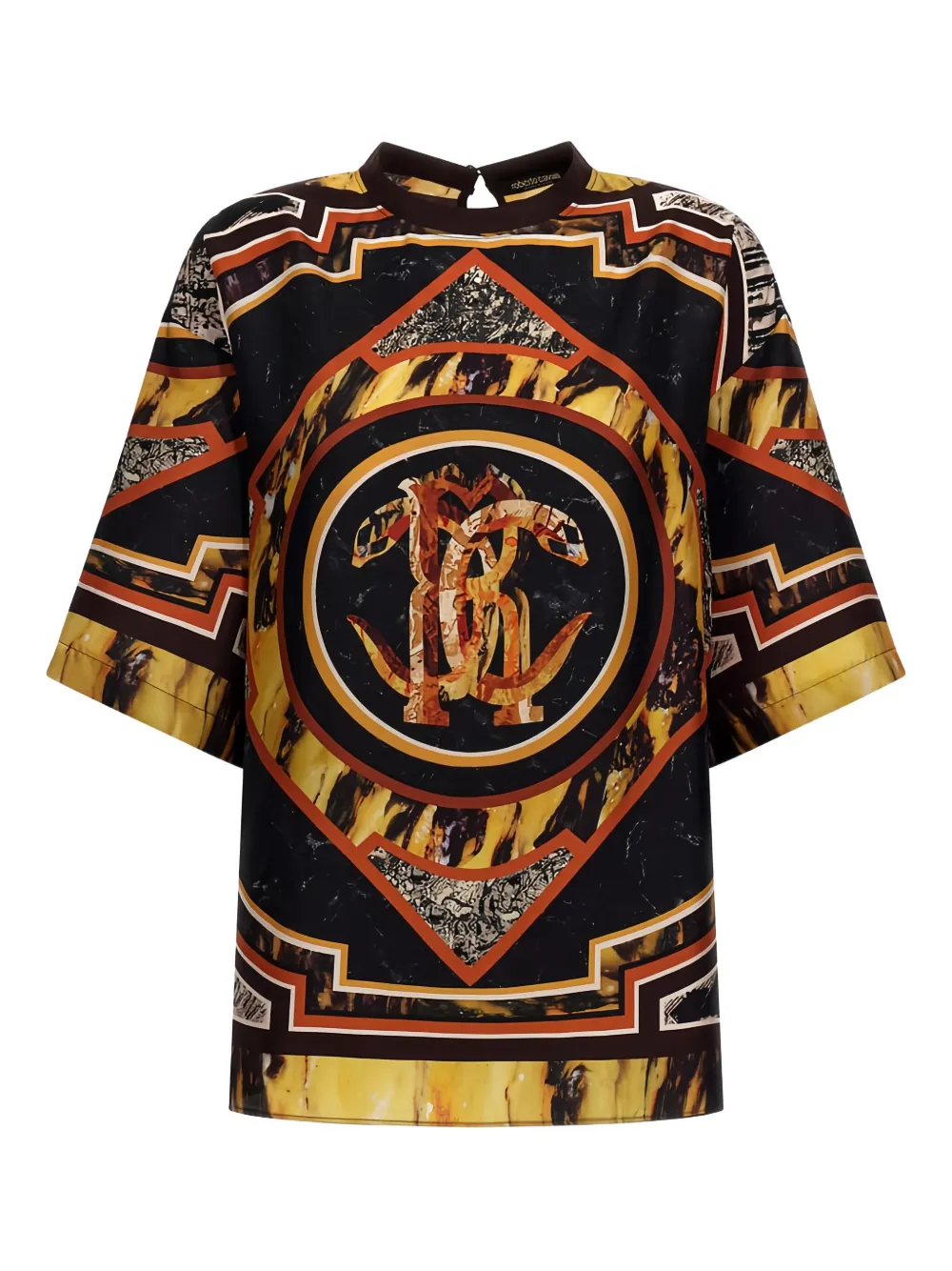 

Футболка из шелка с мраморным монограммным узором Roberto Cavalli, черный