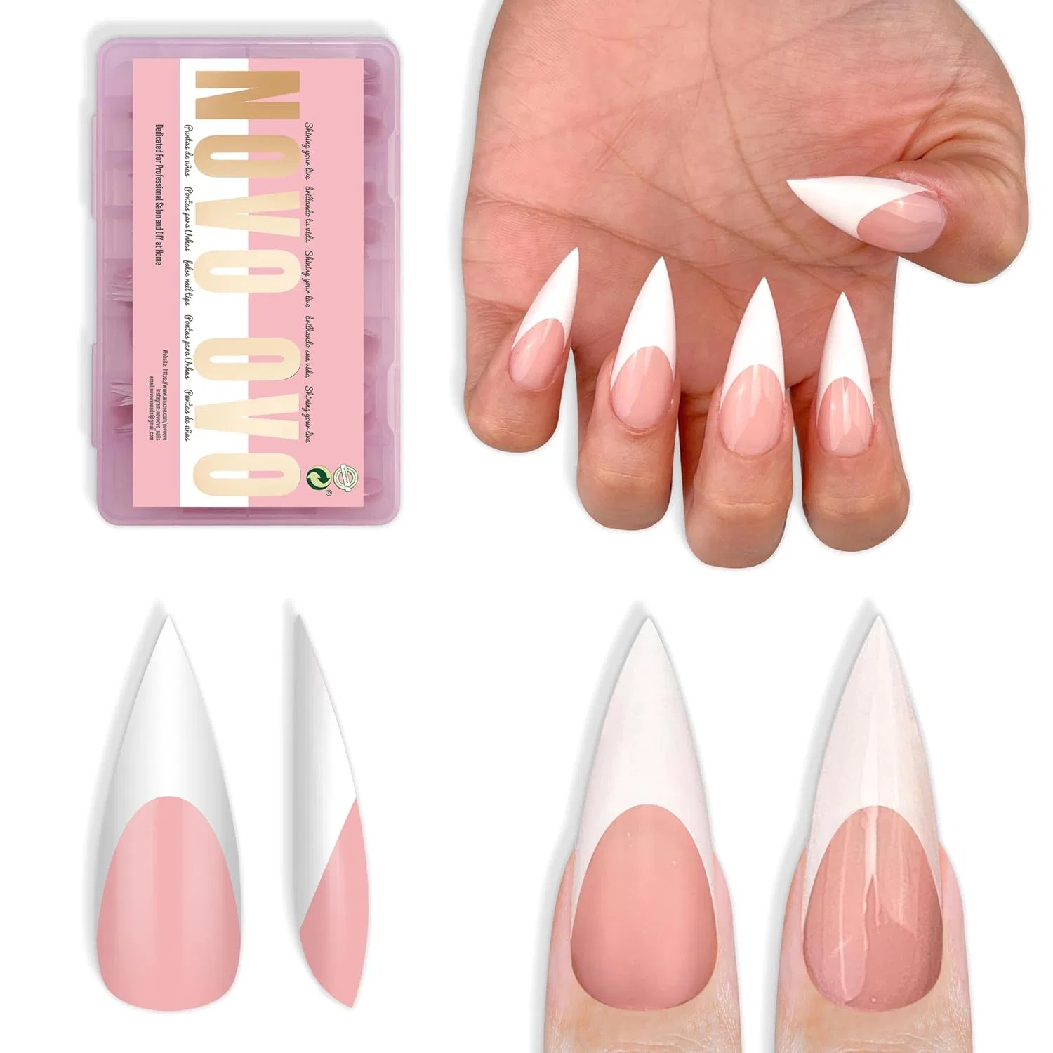 Накладные ногти Novo OVO French Tips Stiletto 160 шт. Novo Ovo, Medium Or Long White French Tip Sharp Stiletto Nail Tips Baby Pink_Eu