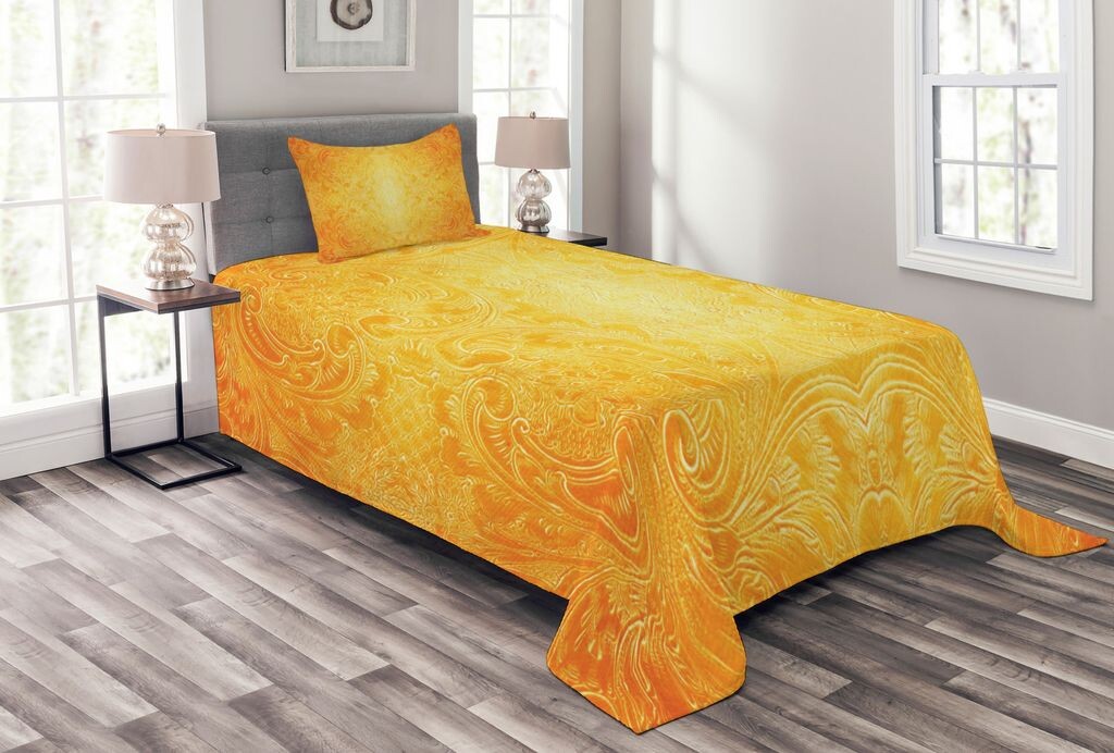 

ABAKUHAUS Оранжевое покрывало, античный цветочный декор, комплект с моющимися наволочками, для односпальных кроватей 170 x 220 см, бархатцы