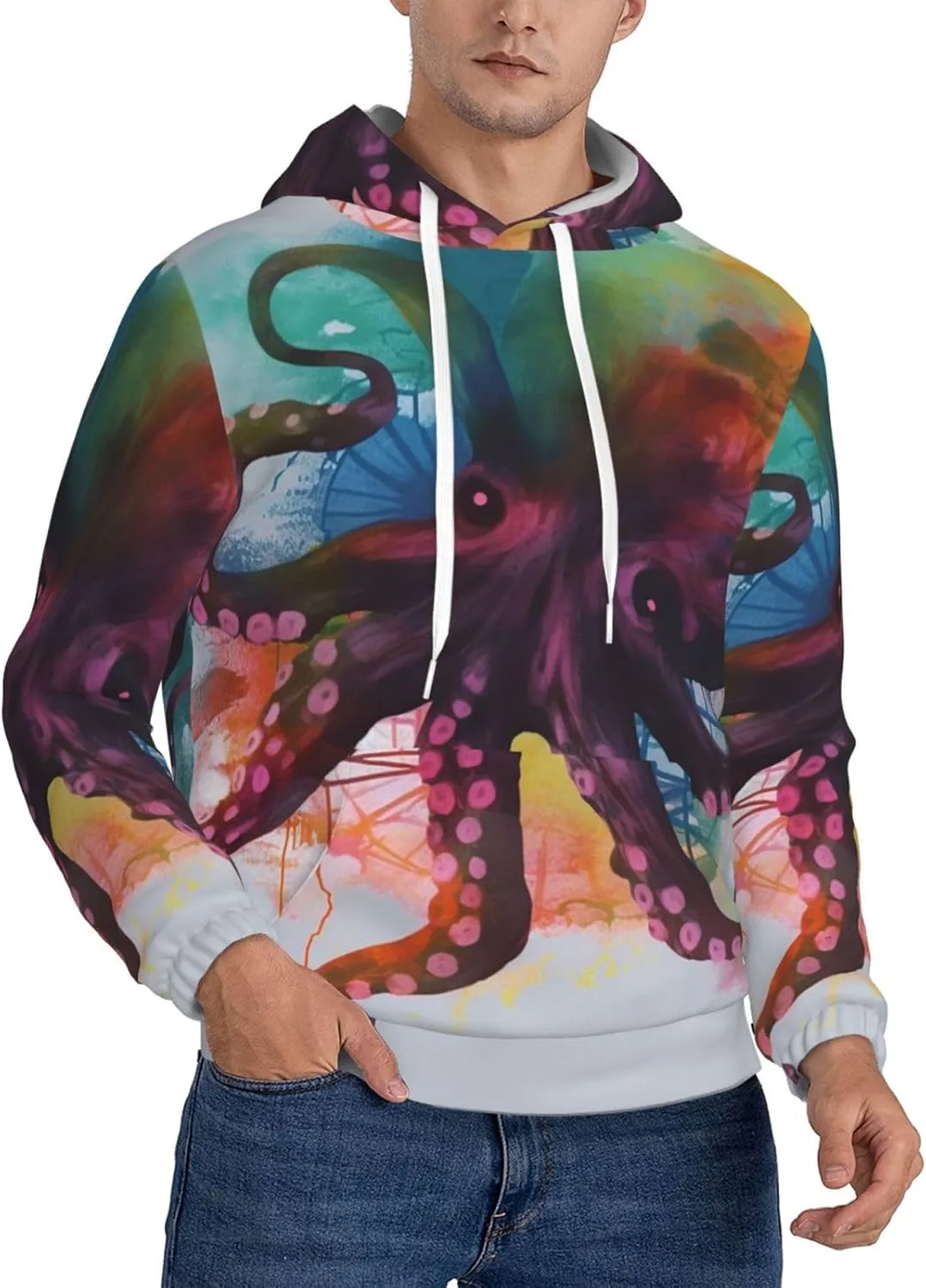 

Мужской флисовый худи с длинными рукавами и капюшоном в абстрактном дизайне с осьминогом HJTRW